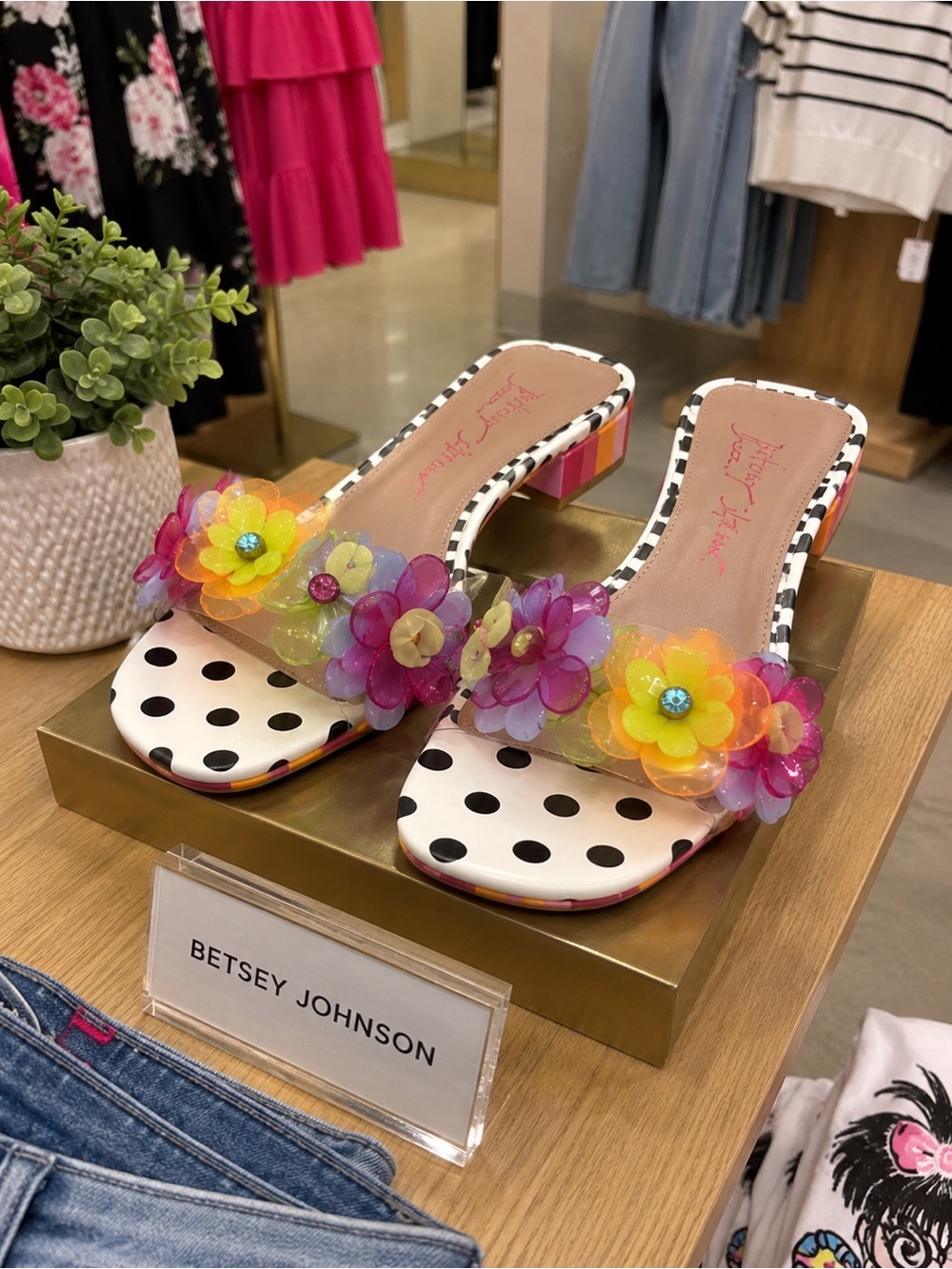 Betsey Johnson White Polka Dot Slide Mules with Multicolor Floral Accents